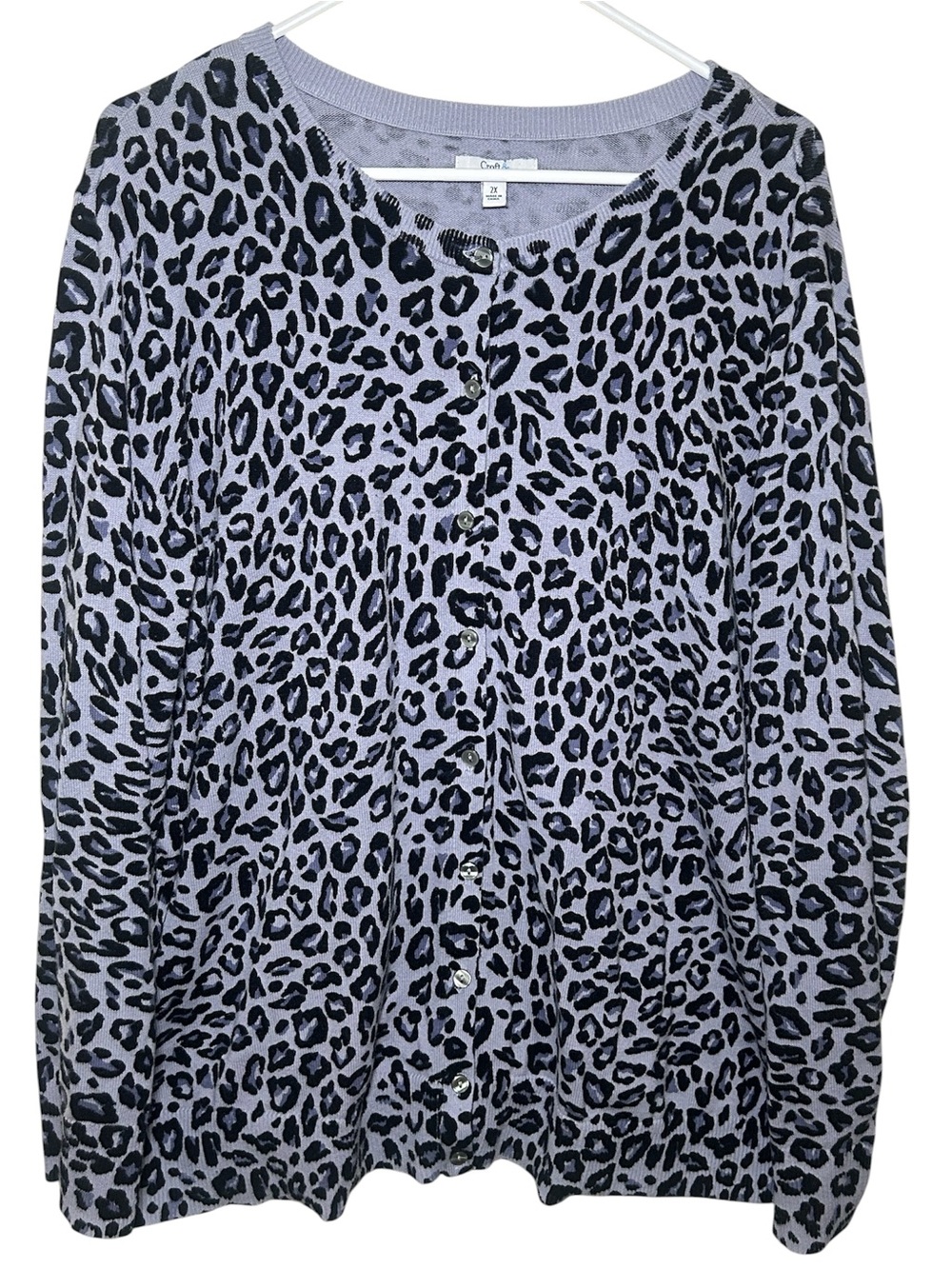 Croft & Barrow Gray Black Leopard Print Button-Front Top Plus Size Cardigan 2X